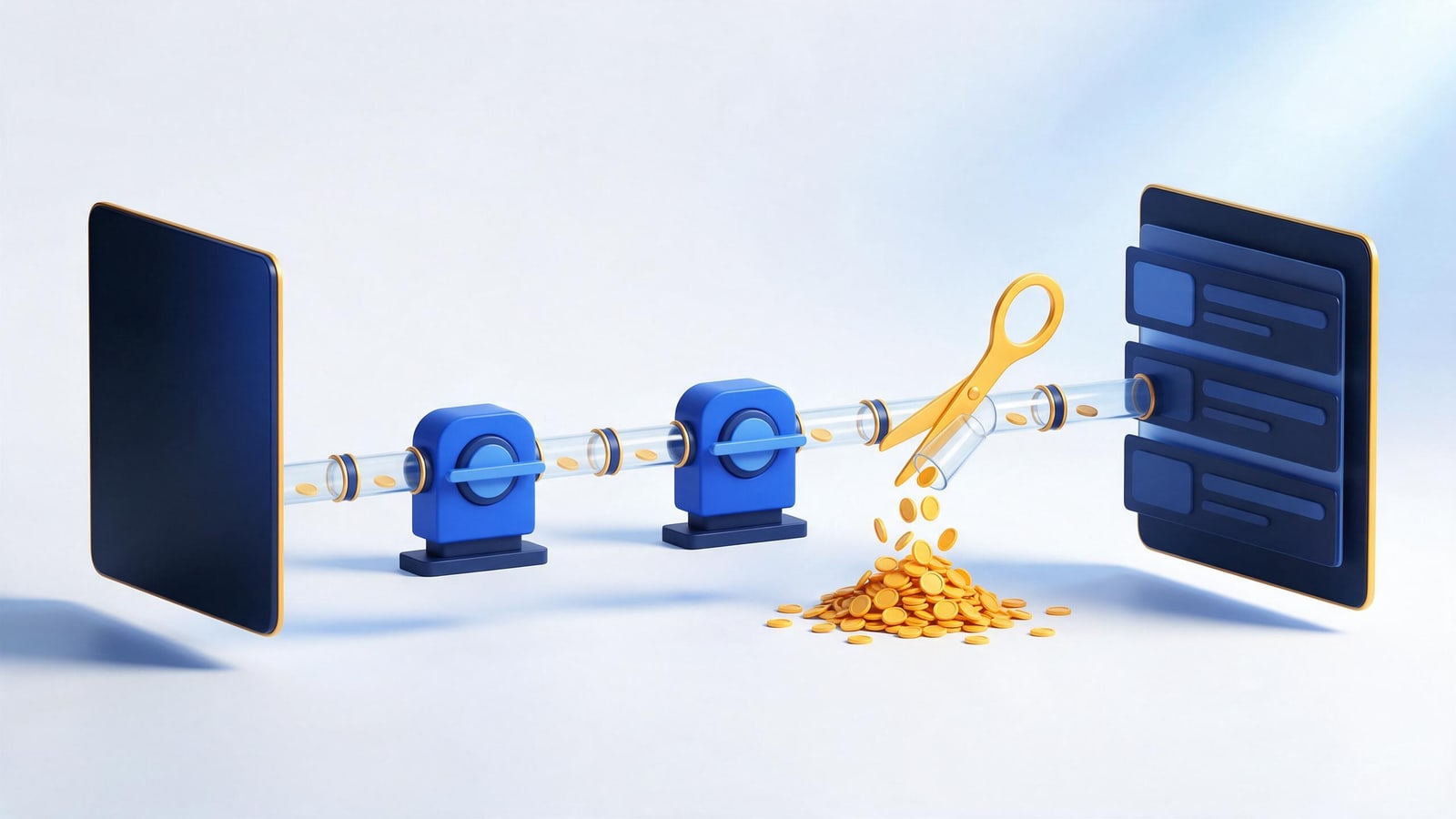 Gold coins flowing through a pipeline from brand billboard to pirate webpage, ad networks funding pirate sites