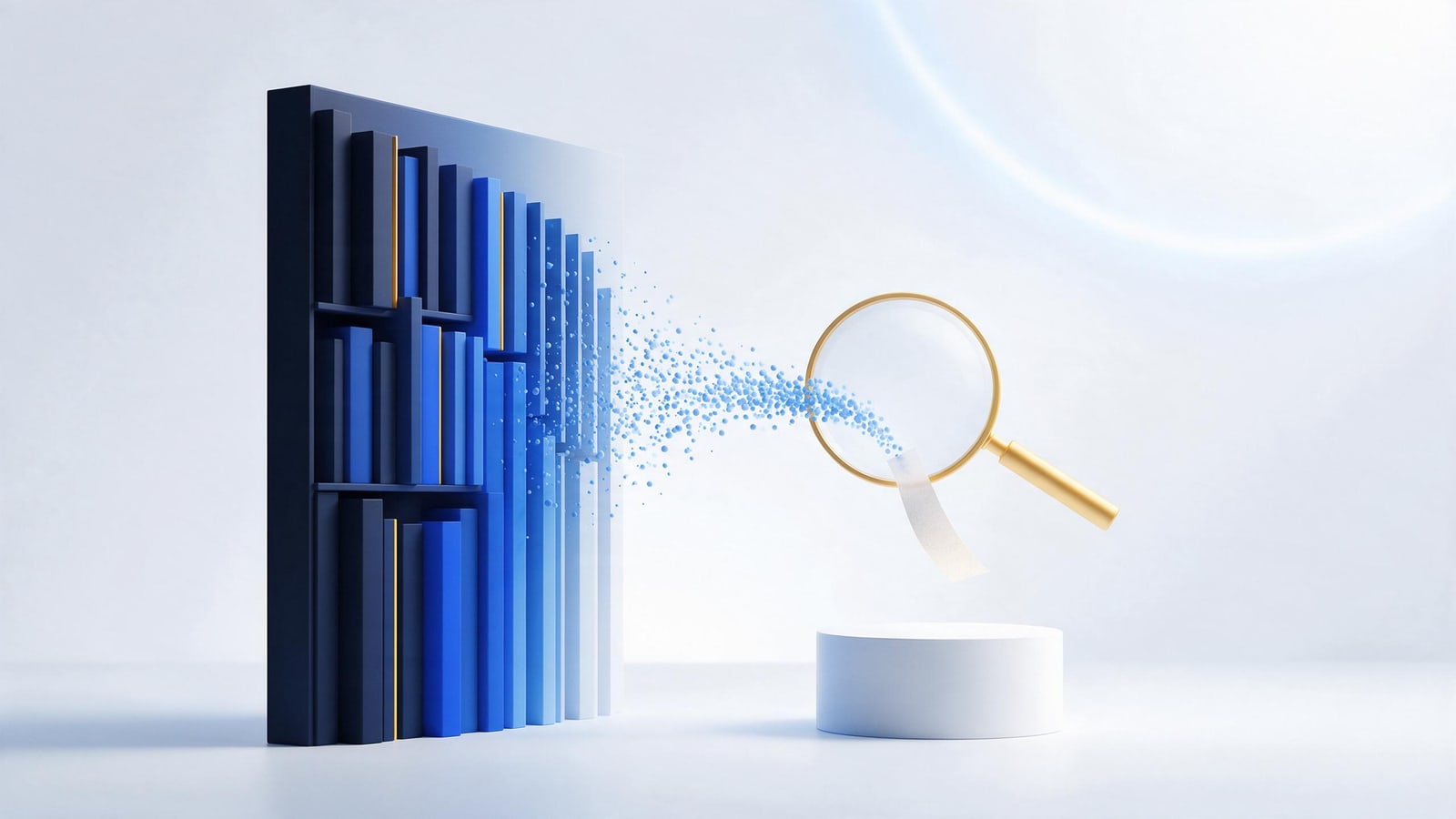 Book spines dissolving into a search lens that yields a single snippet strip, the Google Books fair use ruling