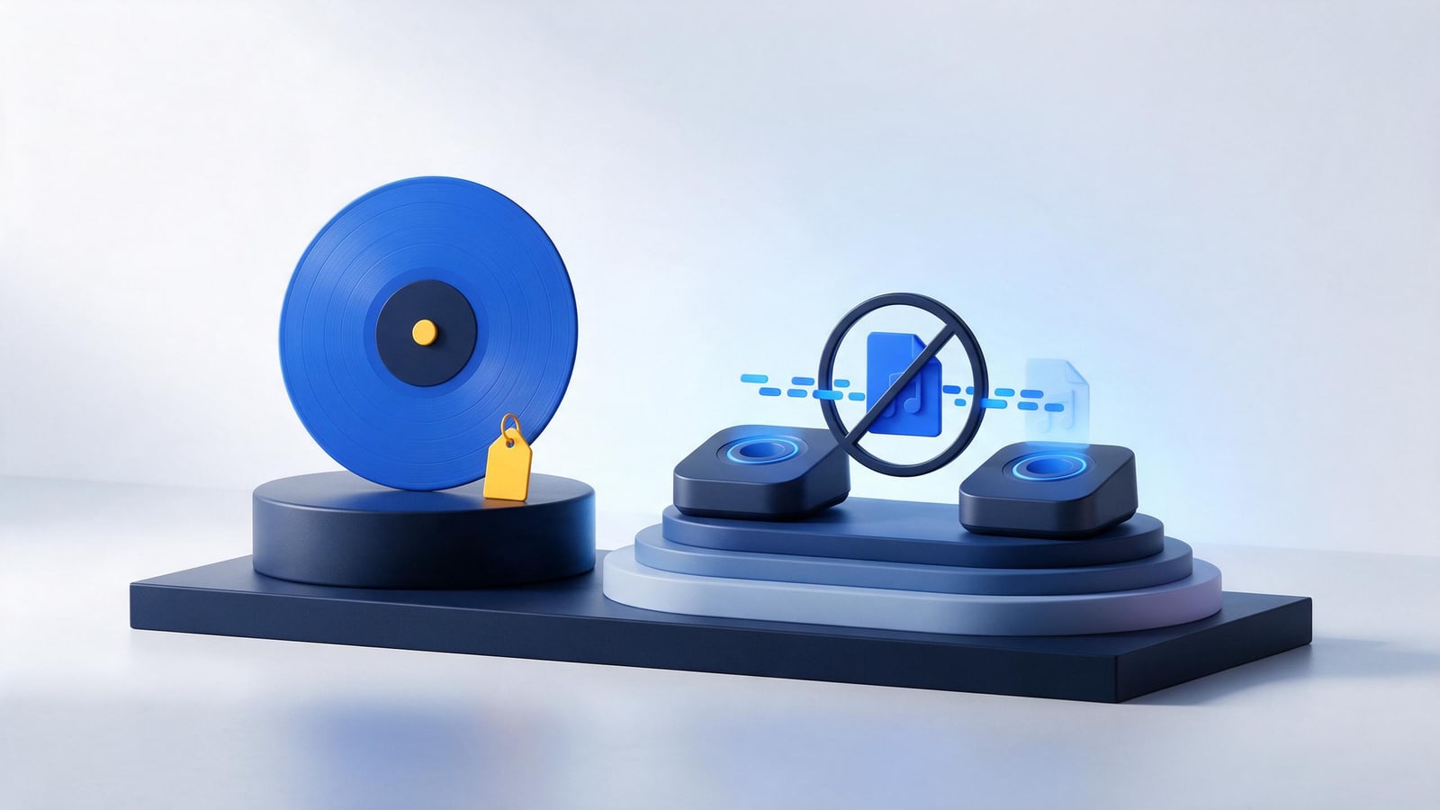 Vinyl record with a lawful price tag beside a blocked file transfer, the ReDigi first-sale doctrine case