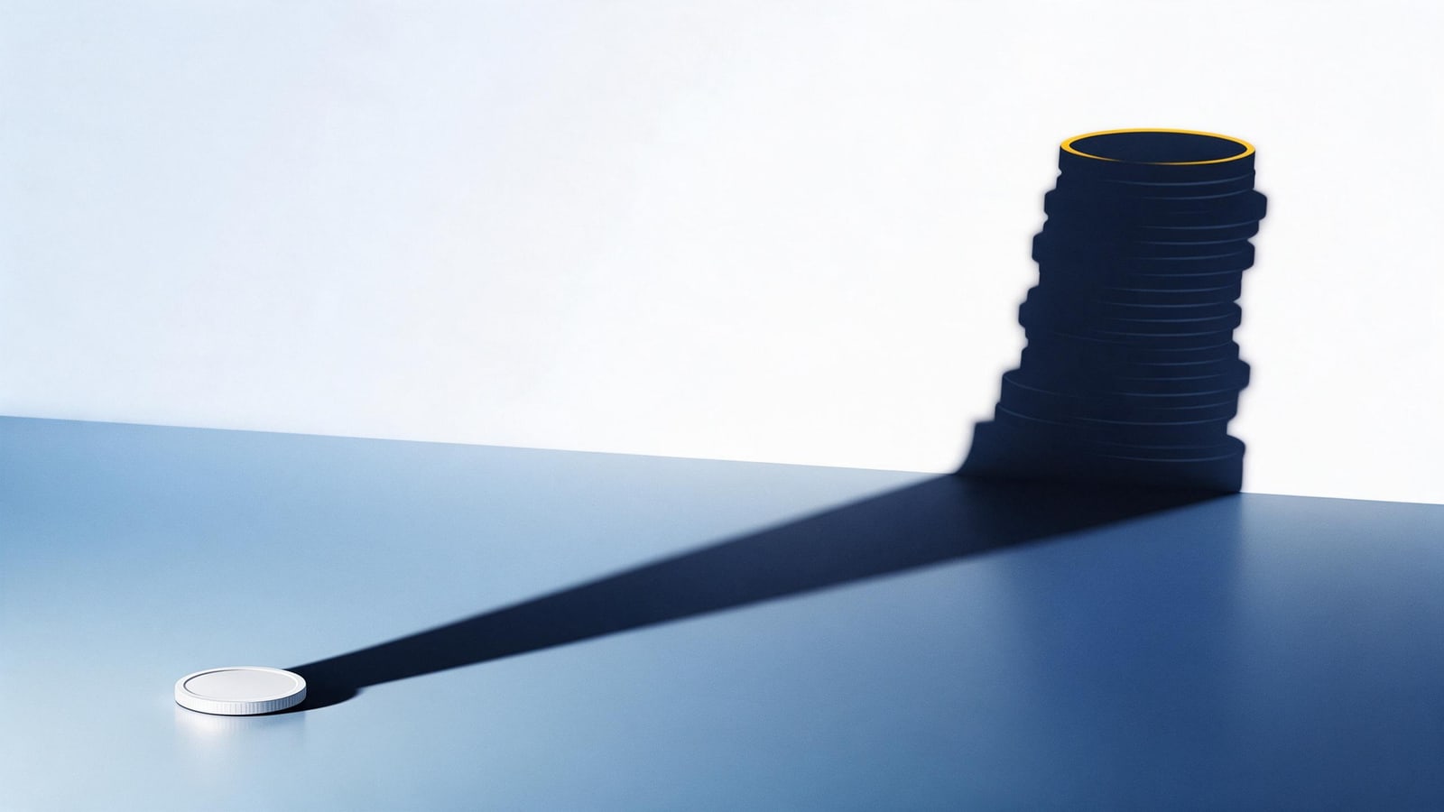 Small coin casting the shadow of a towering coin stack, copyright infringement penalties and statutory damages