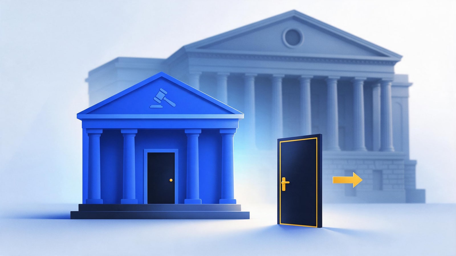 Small tribunal building standing before an out-of-focus federal courthouse, the Copyright Claims Board alternative