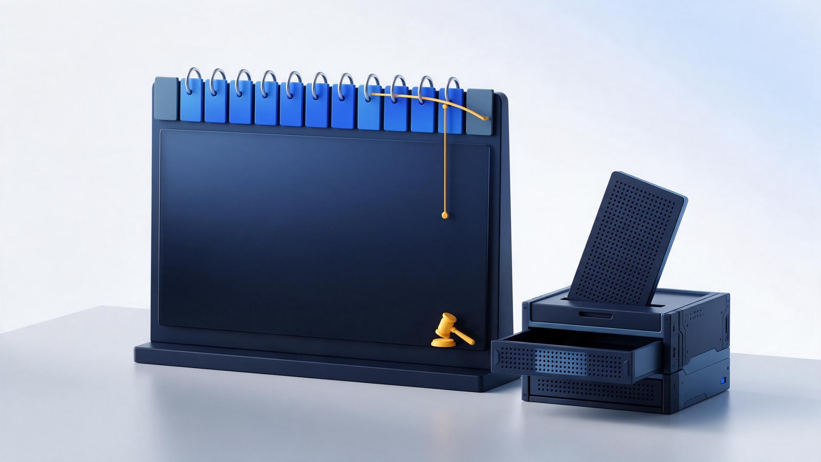 Fourteen-day calendar beside a content tile rising from a server slot, what happens after a counter-notice