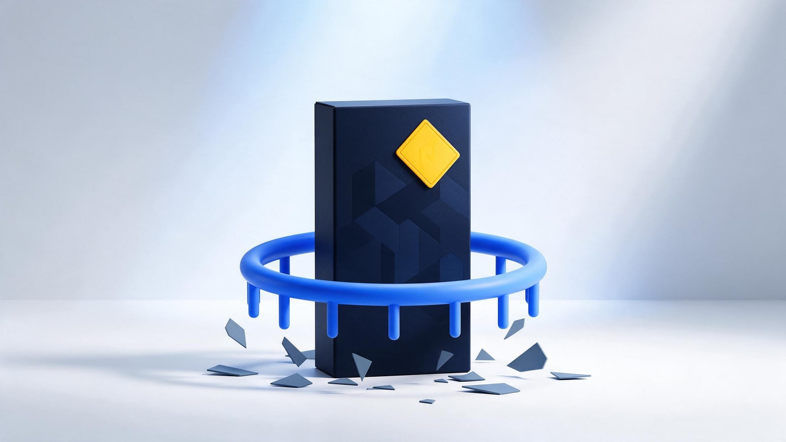 Counterfeit box with a skewed trademark tag caged by a prohibition ring, counterfeit takedowns and seizures