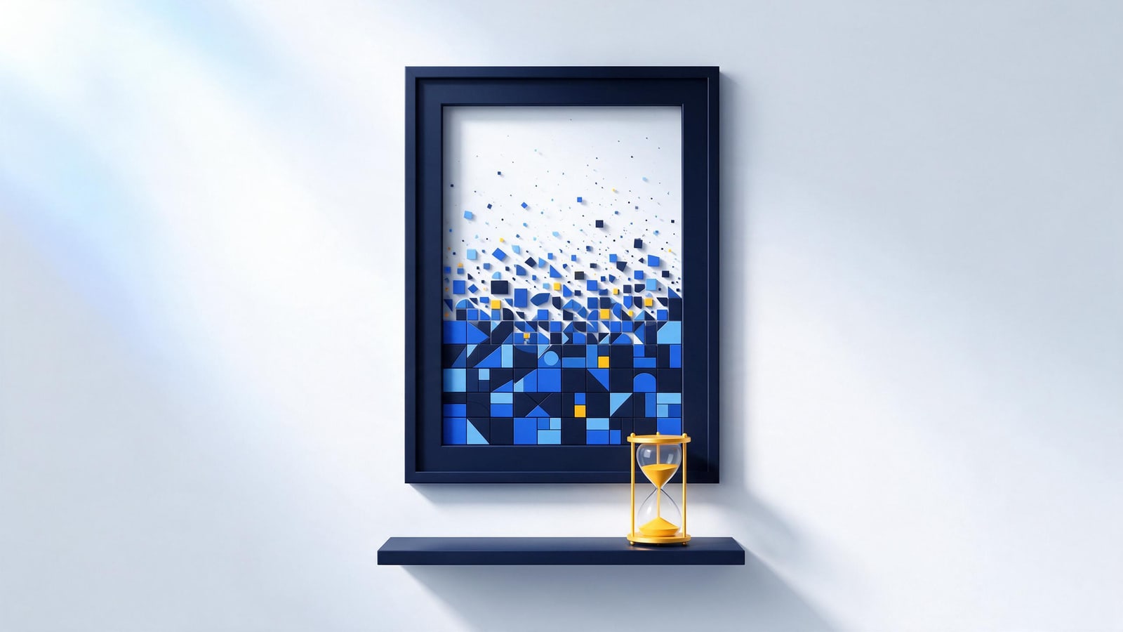 Mosaic portrait dissolving into particles above a draining hourglass, deepfake removal channels