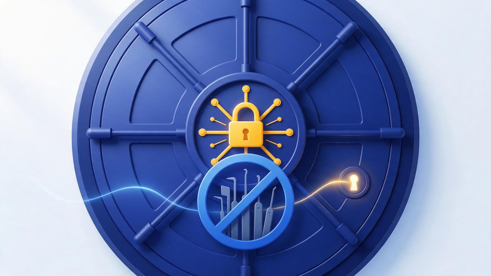Circular vault door with pick-tools barred inside a prohibition ring, DMCA section 1201 anti-circumvention rules