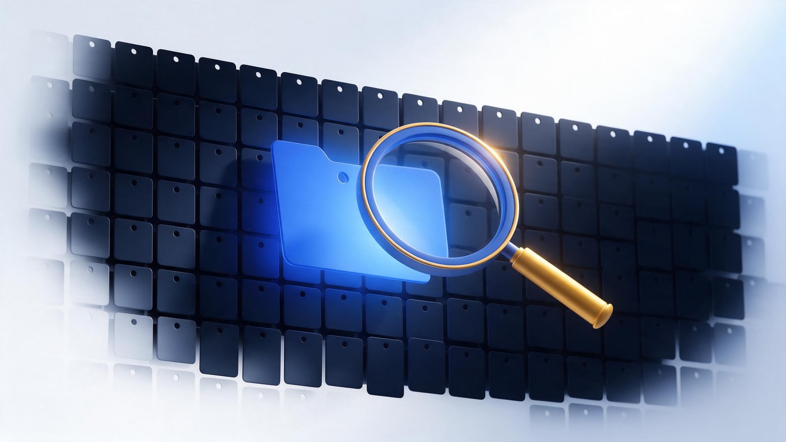 Magnifying glass over one glowing card in a wall of drawers, the Copyright Office DMCA agent directory