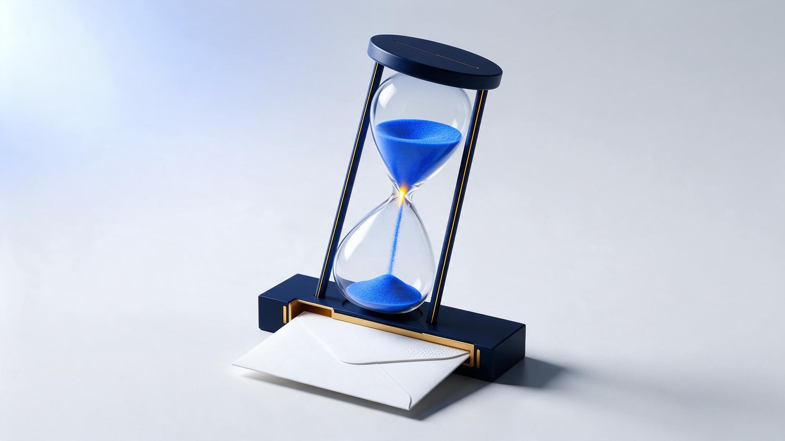 Envelope sliding into an hourglass cradle and starting the sand, the 10–14 day counter-notice clock