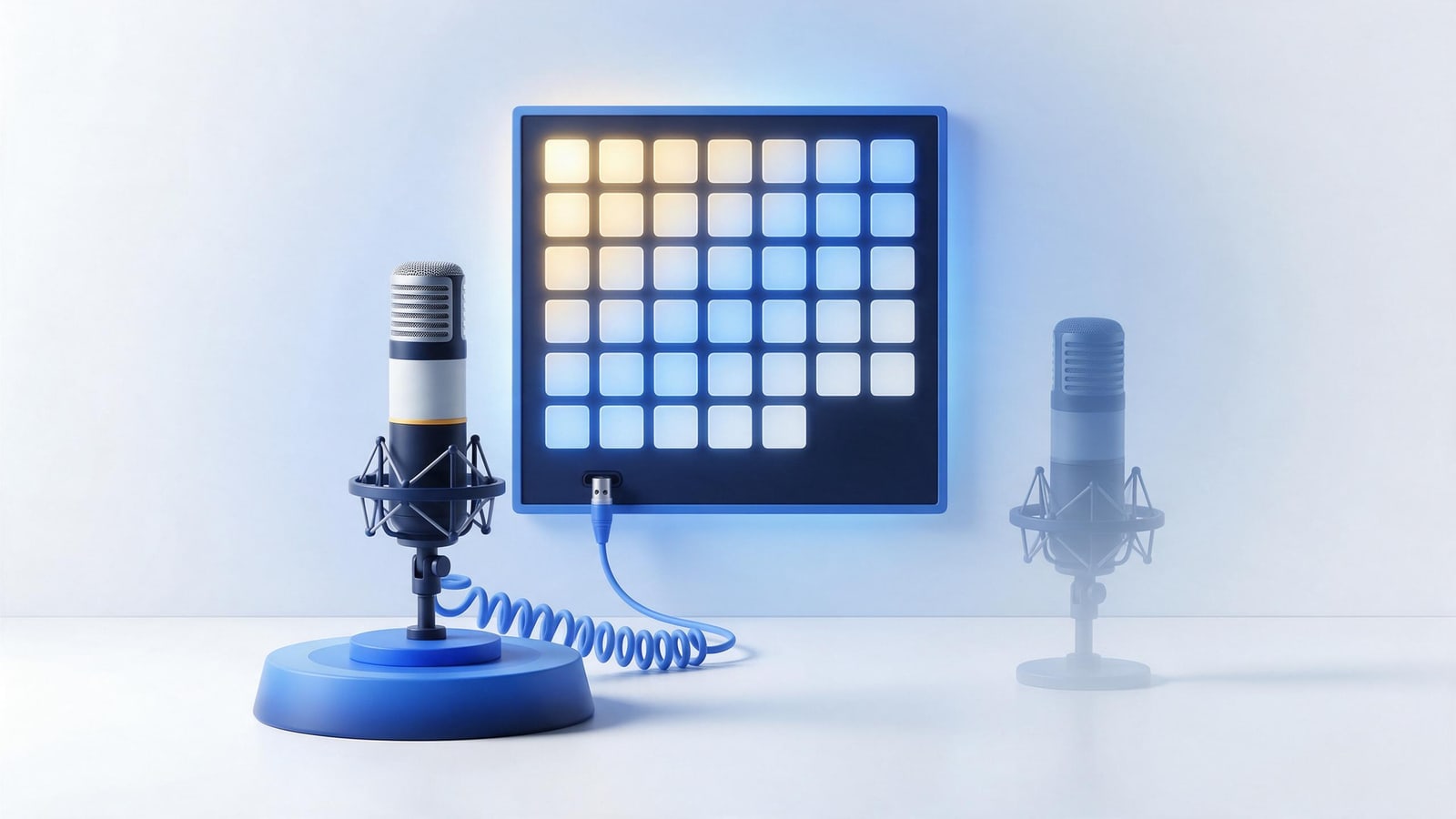 Studio microphone beside a glowing calendar and a ghost twin, taking down stolen podcast episodes