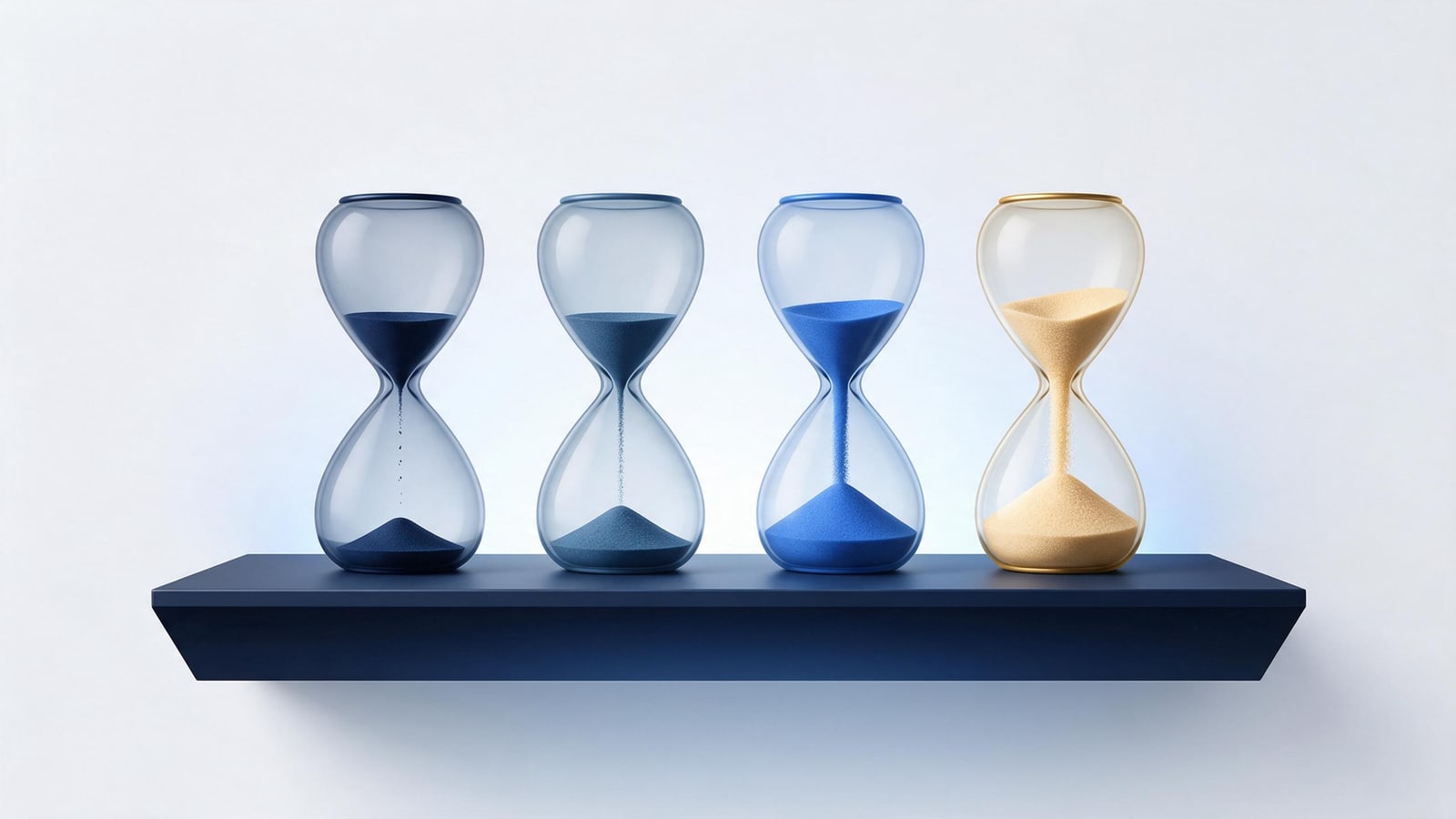 Four hourglasses running at visibly different speeds, DMCA takedown timelines by channel