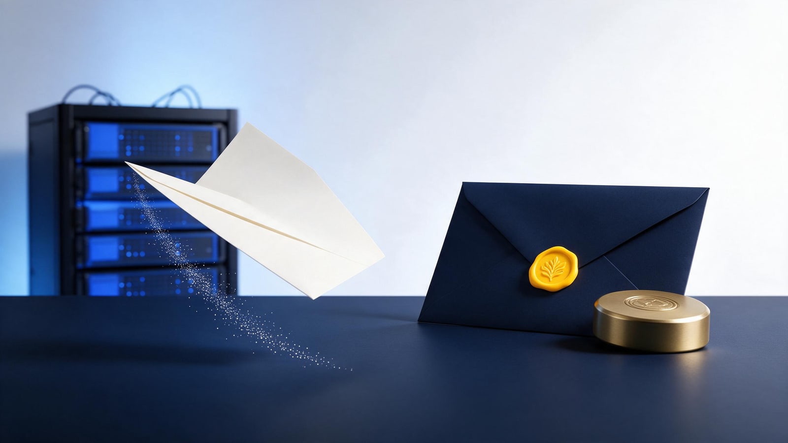 Light letter rising toward servers while a sealed one waits under a paperweight, DMCA or cease and desist