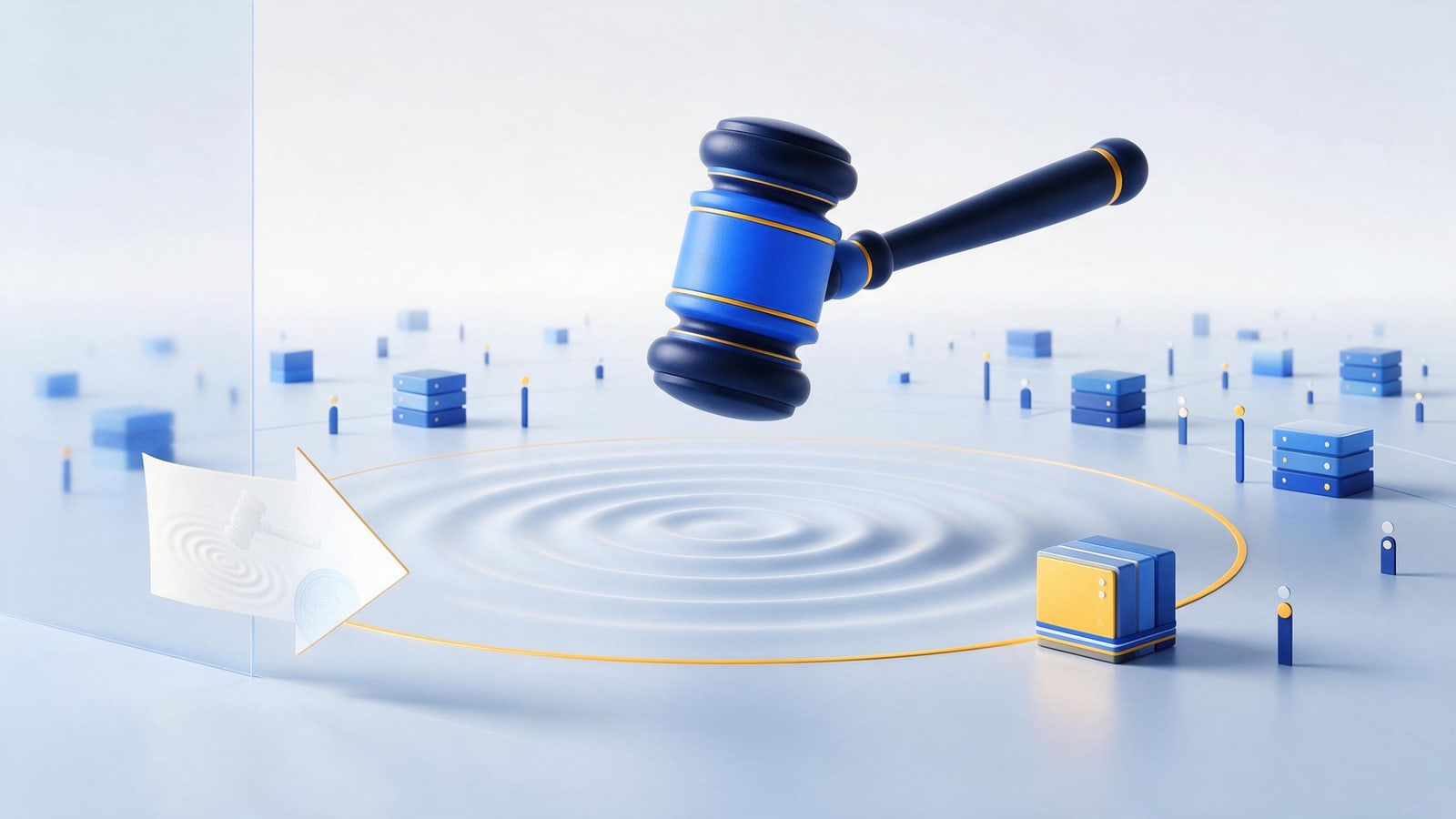 Gavel striking waves across site markers while a notice arrow stops short, what a court order delivers