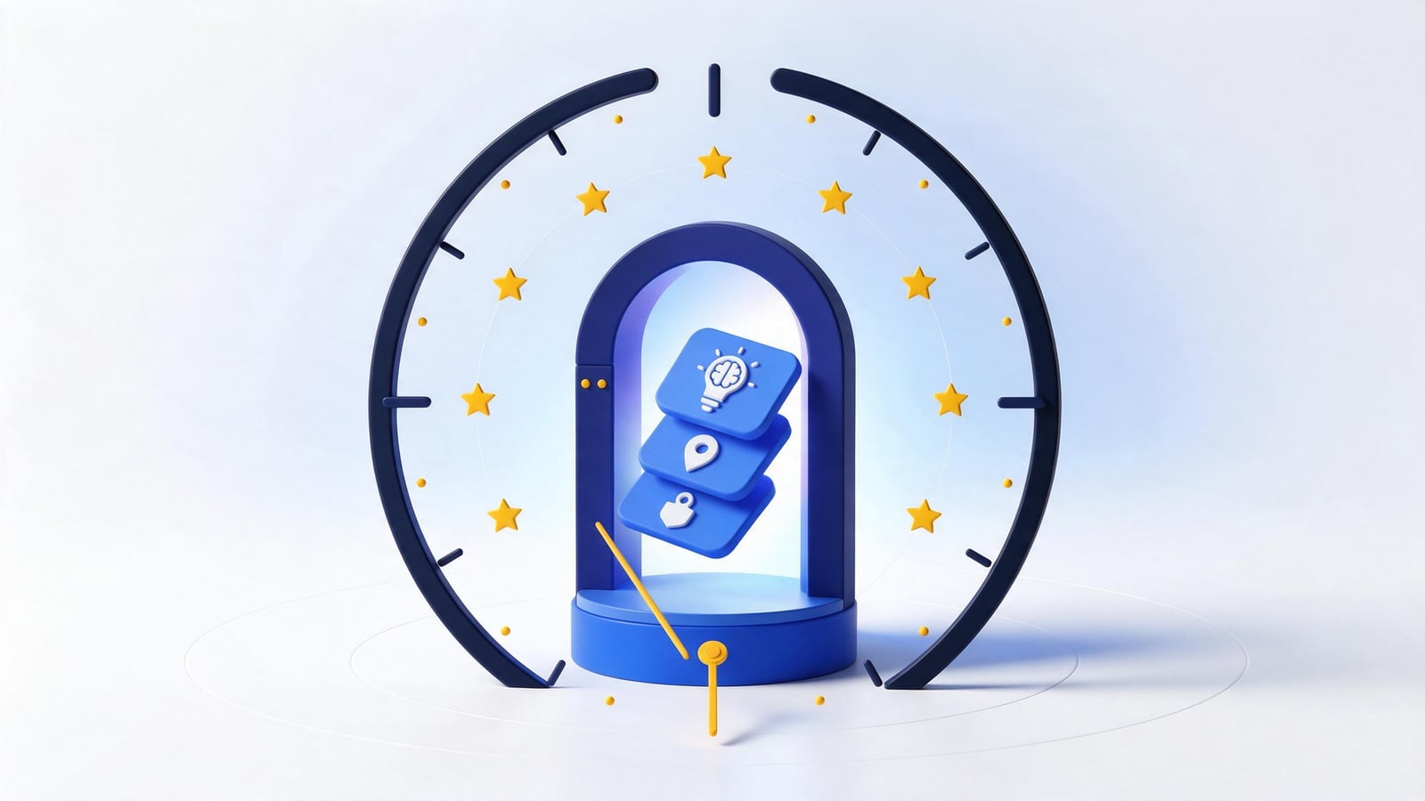 Three-layer notice card passing through a gate ringed by EU stars, DSA notice and action under Article 16