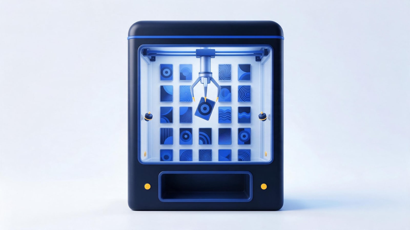 Claw machine lifting a counterfeit card from a product grid, Etsy and Shopify copyright takedowns