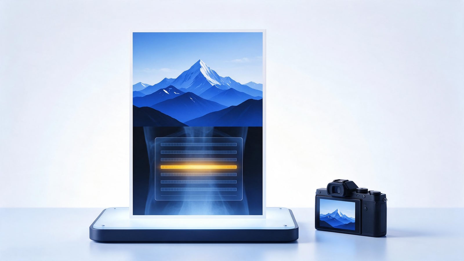Photograph on a light box X-rayed to reveal embedded data fields, EXIF metadata as copyright evidence