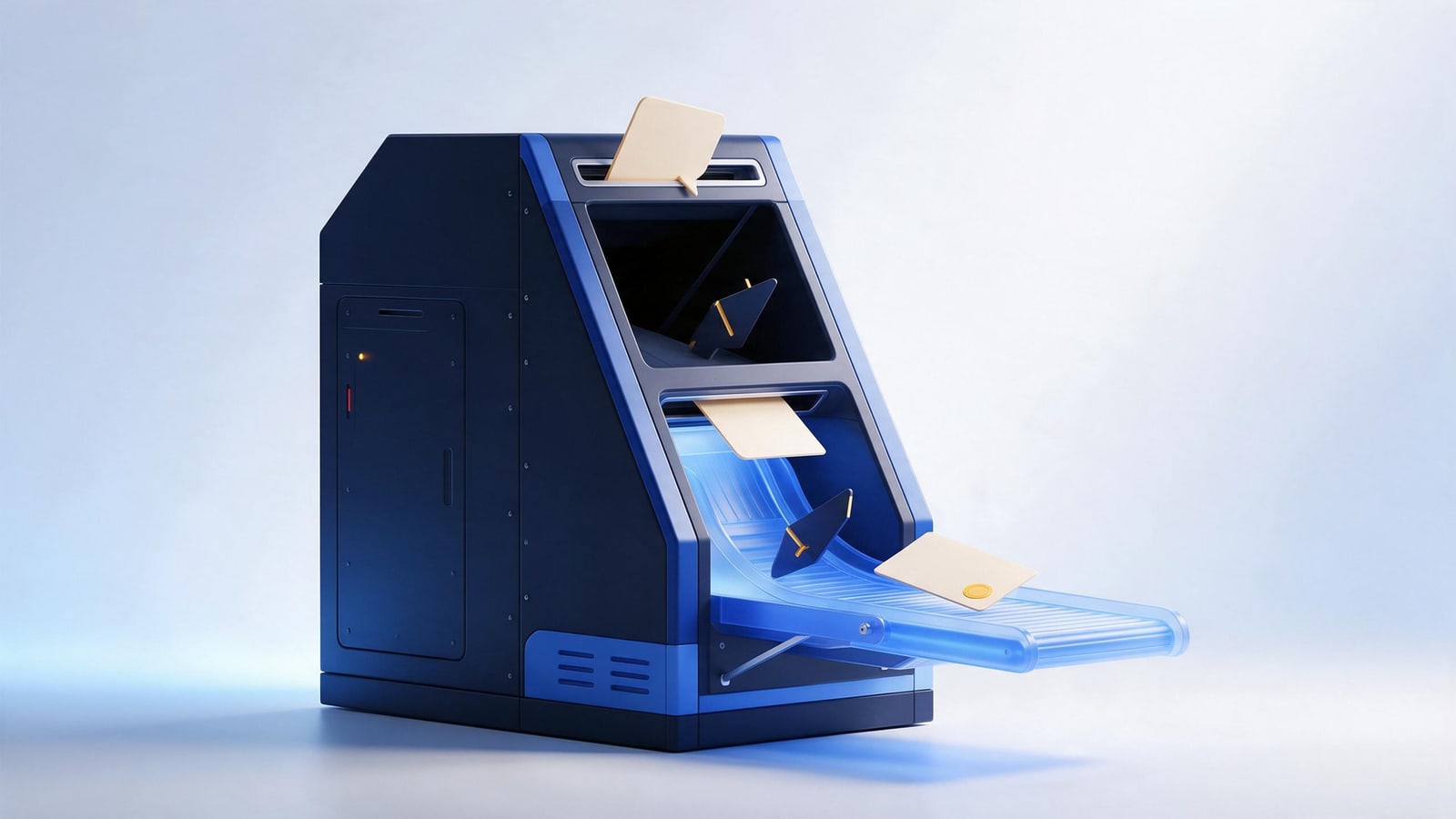 Sorting machine routing a speech bubble back and a sealed form forward, filing a Facebook copyright report