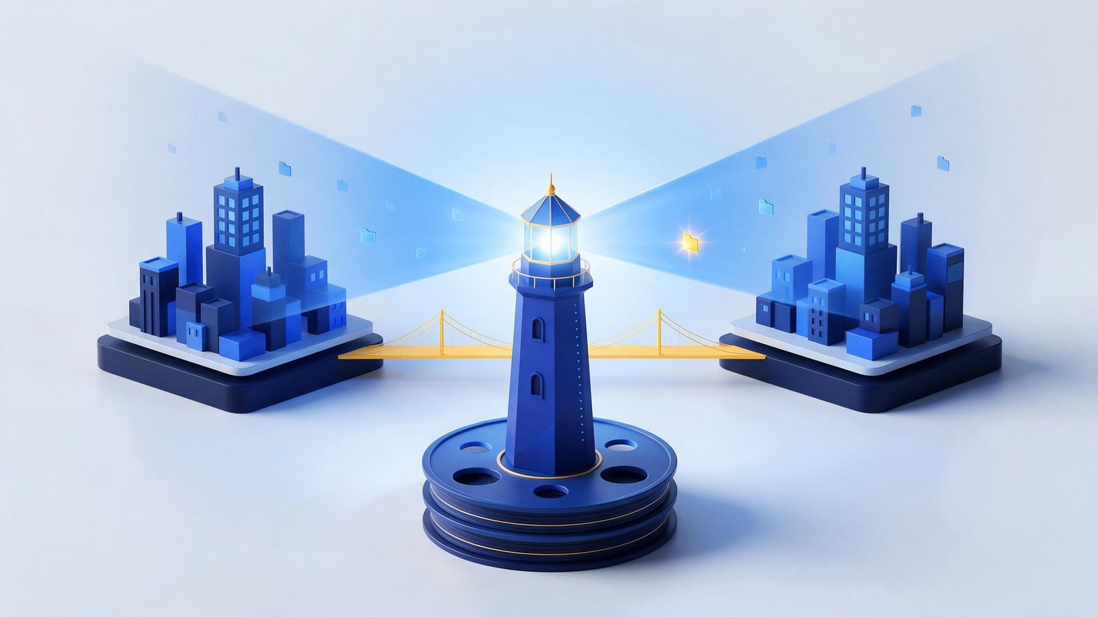 Lighthouse beam sweeping two platform grids from a master-reel pedestal, Facebook Rights Manager monitoring