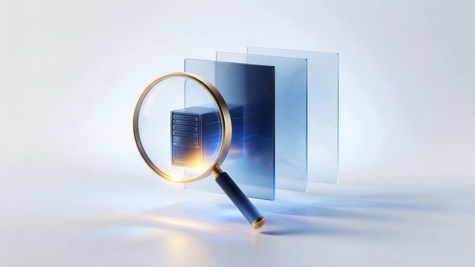 Lens focusing through proxy screens onto a glowing server rack, finding who really hosts a website