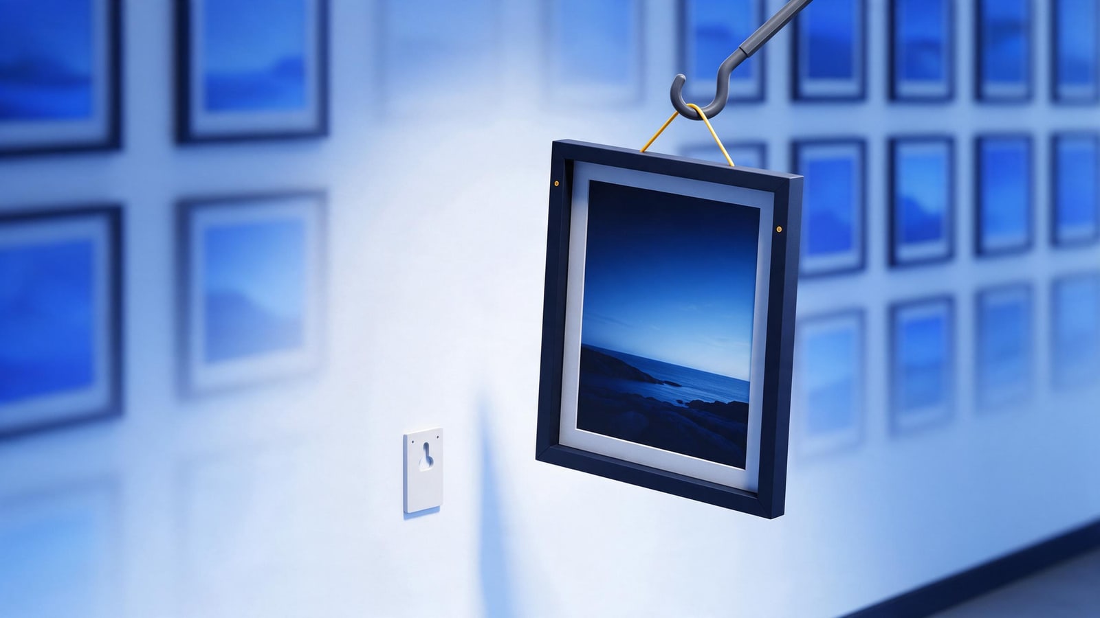 Framed photograph lifted off a gallery wall by a hook, removing stolen pictures from websites
