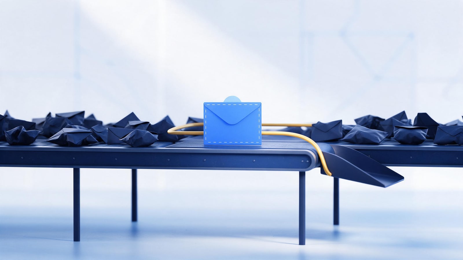Crisp envelope riding an express rail above tangled mail lanes, writing notices abuse desks act on