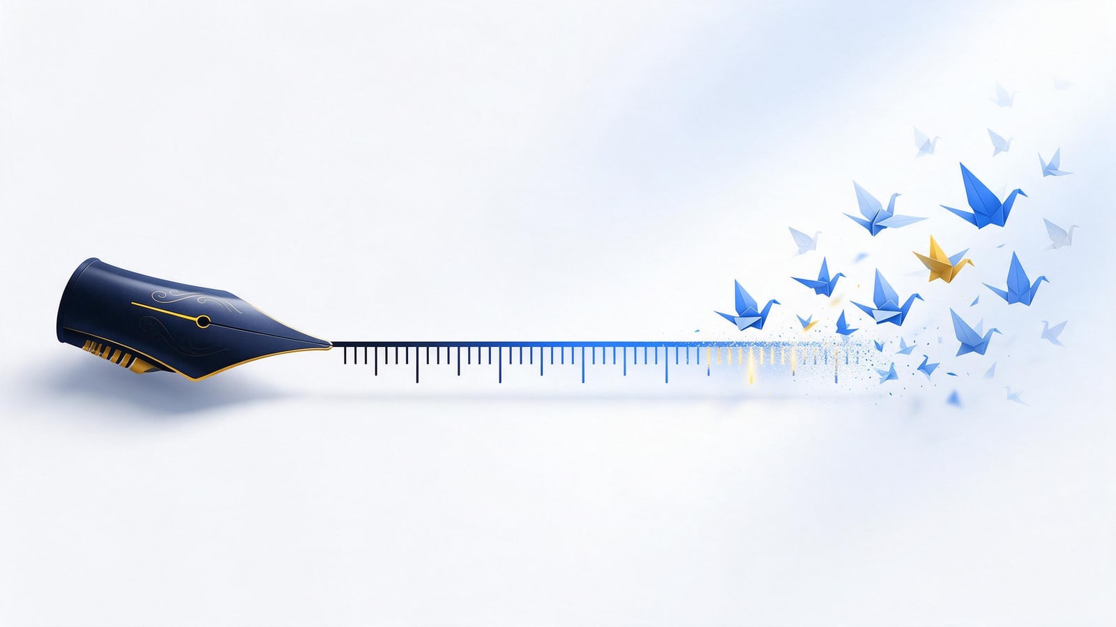 Timeline ruler dissolving into paper birds in flight, how long copyright lasts