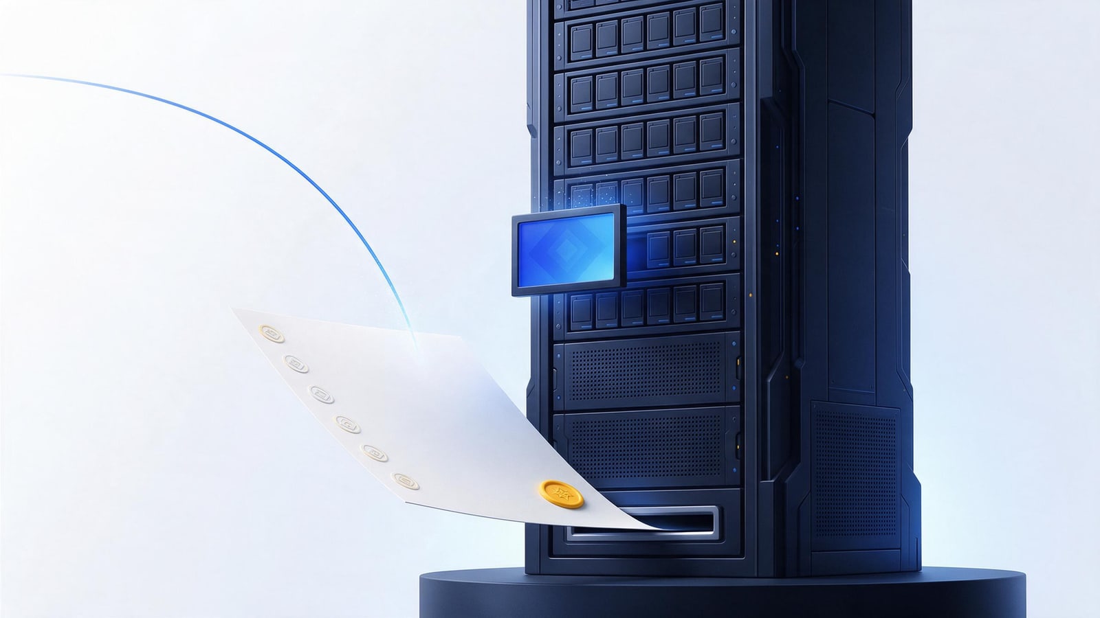 Element-stamped notice entering a monumental server tower, filing a DMCA takedown notice step by step