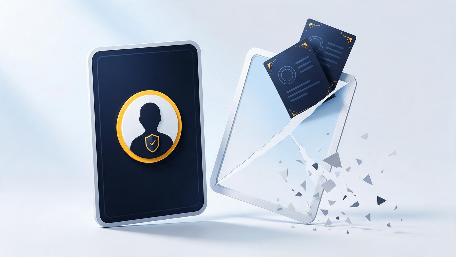 Solid profile card beside its splitting paper duplicate, removing impersonation accounts