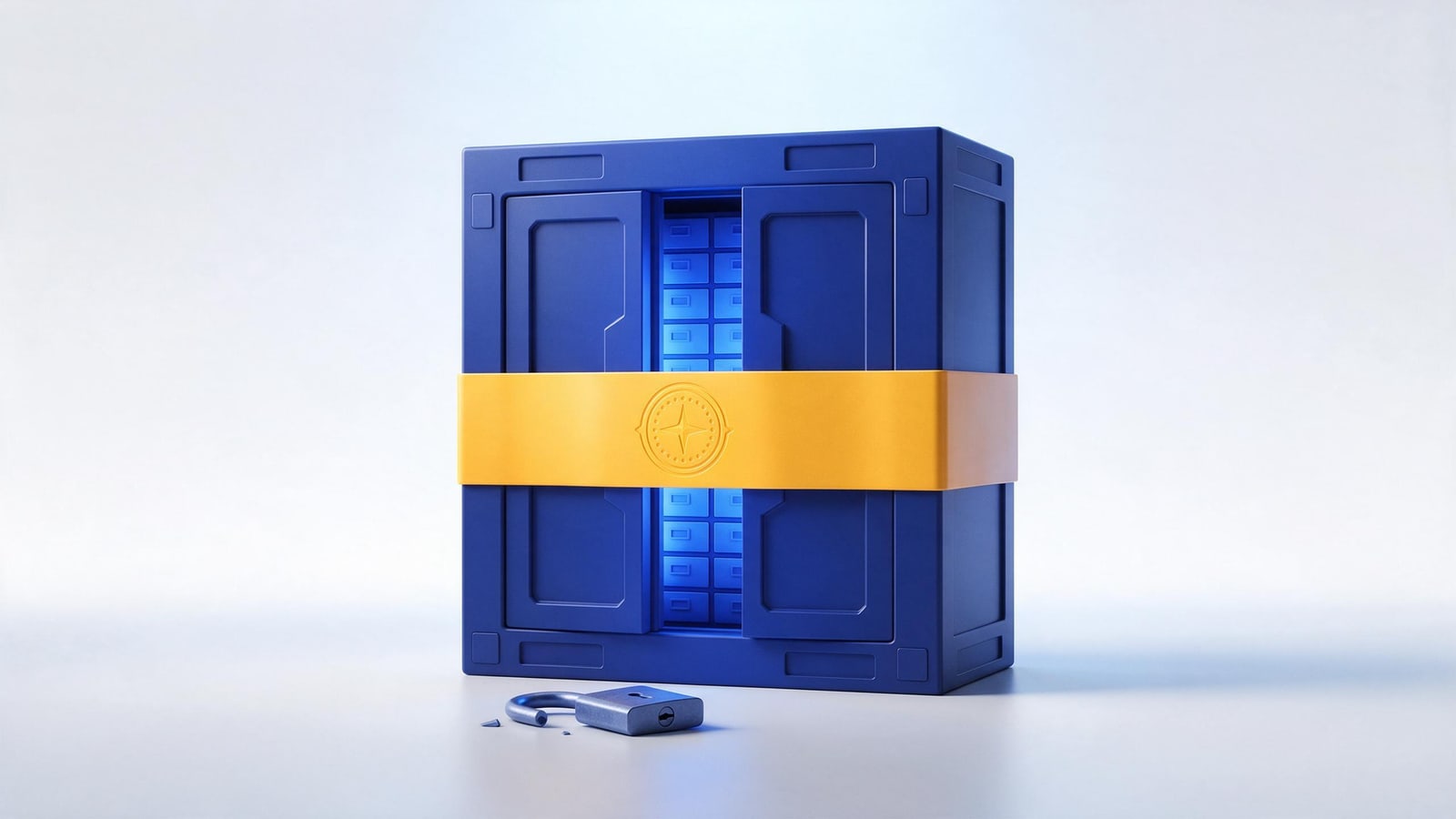 Server vault sealed with a gold seizure band and a broken padlock, marking the 2012 Megaupload shutdown