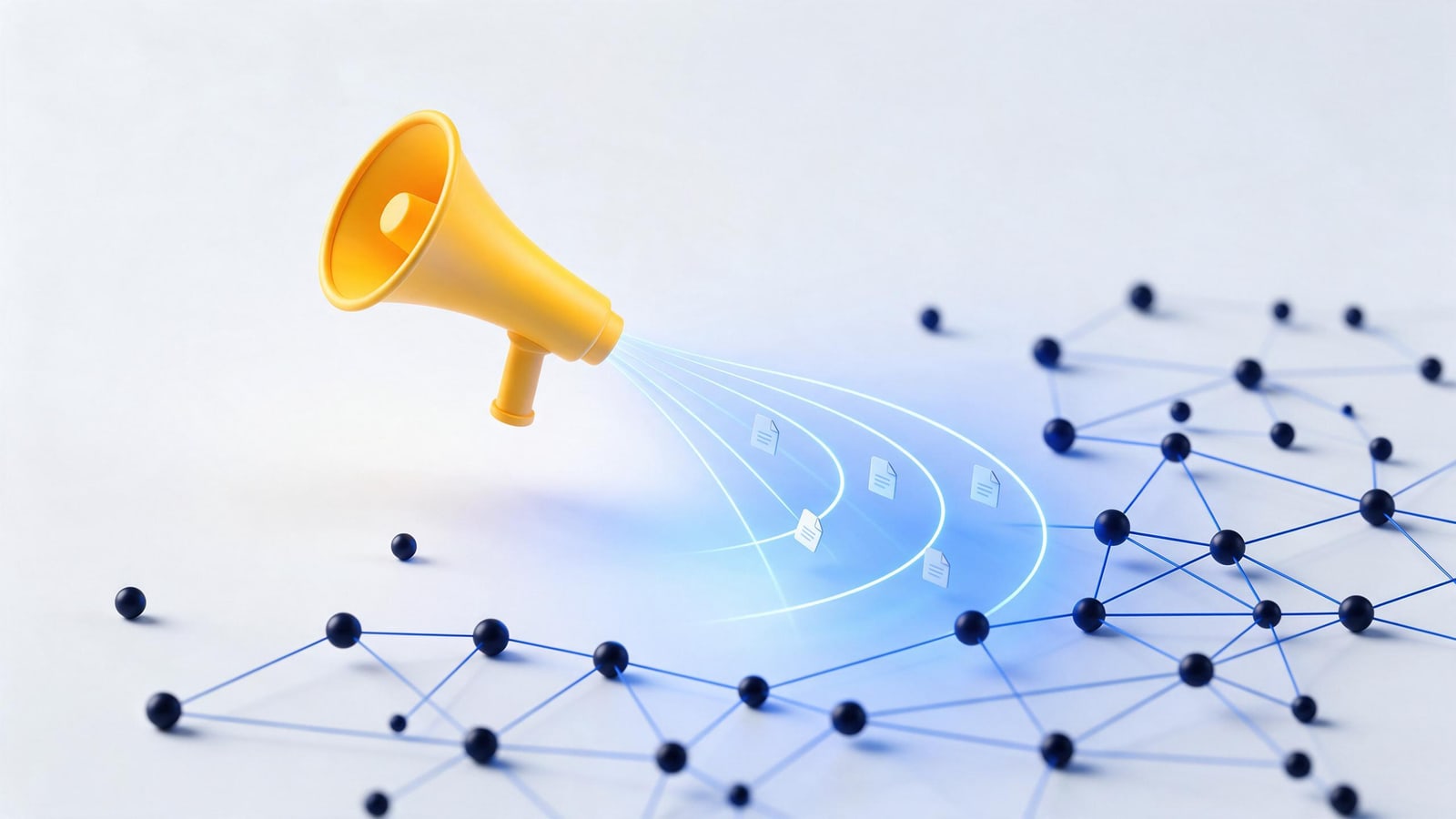 Gold megaphone broadcasting over a decentralized peer-to-peer network, illustrating the inducement rule from MGM v. Grokster