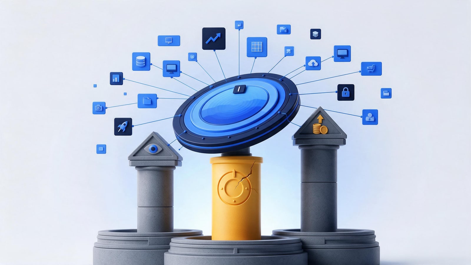 Central index hub resting on knowledge, control, and money pillars, why Napster fell