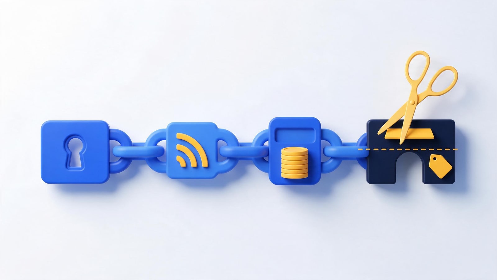Chain of subscription, broadcast, coin, and storefront links cut by gold scissors, the creator leak economy
