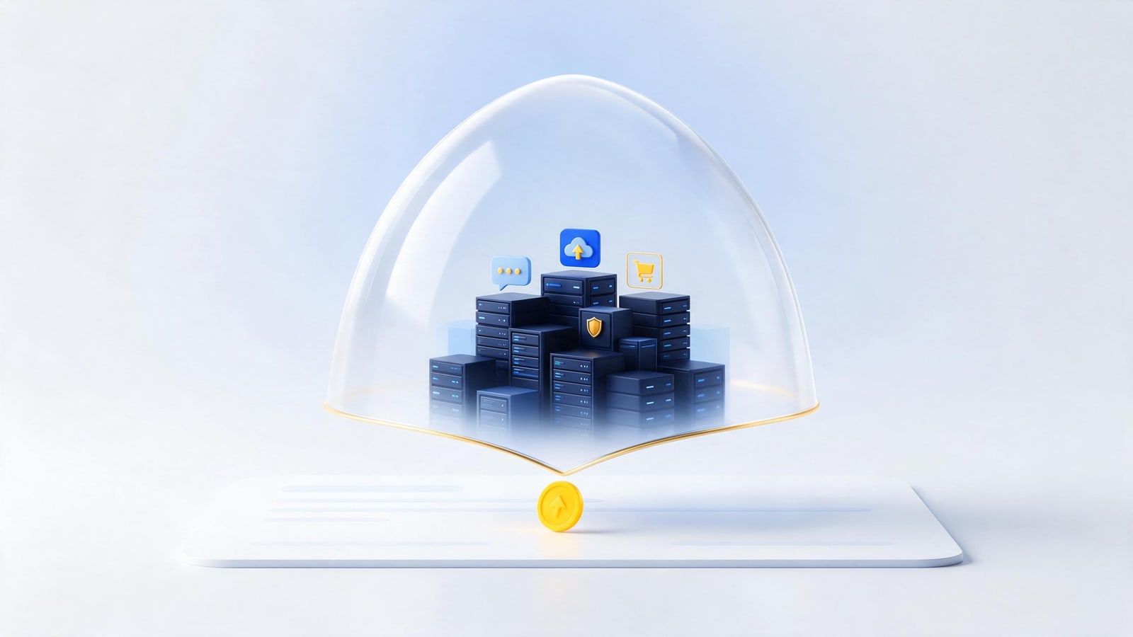 Coin on a form unfolding into a shield dome over servers, registering a DMCA agent