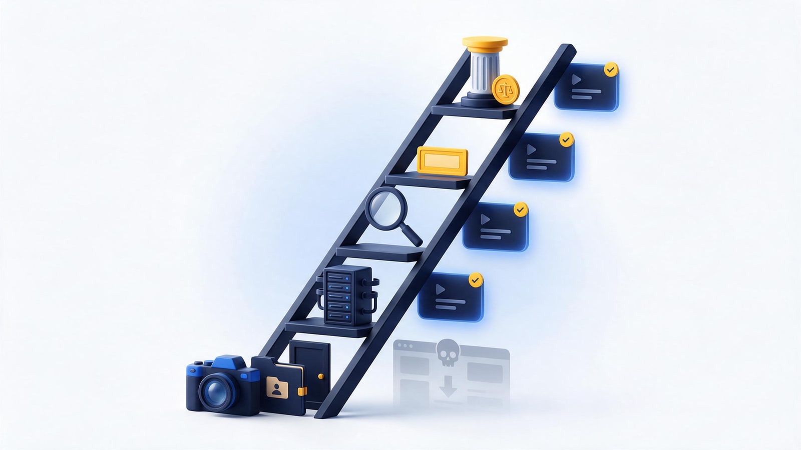 Content tile climbing a five-rung escalation ladder, paths for removing stolen content
