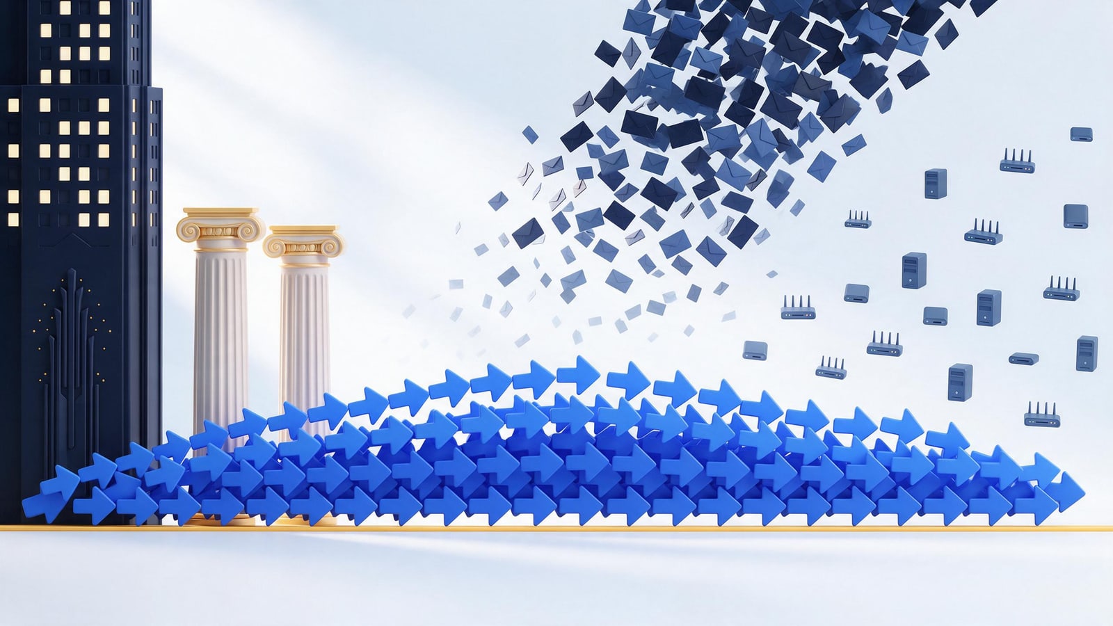 Envelope storm raining on home computers above a flowing file-transfer wave, the RIAA lawsuit campaign