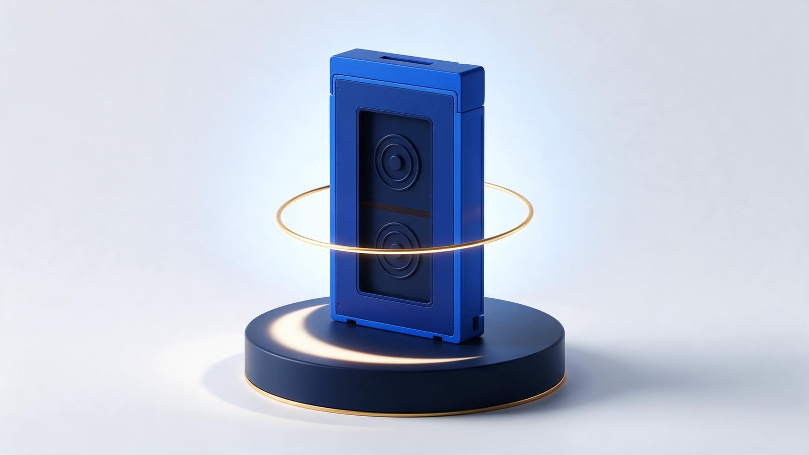 Betamax videocassette displayed as a monument ringed in gold, symbolizing the Sony v. Universal fair use ruling that saved the VCR