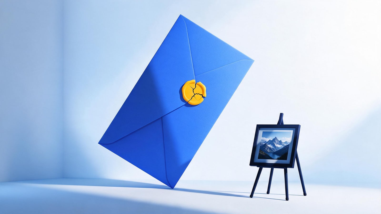 Small framed photograph dwarfed by a served demand envelope, stock photo copyright litigation