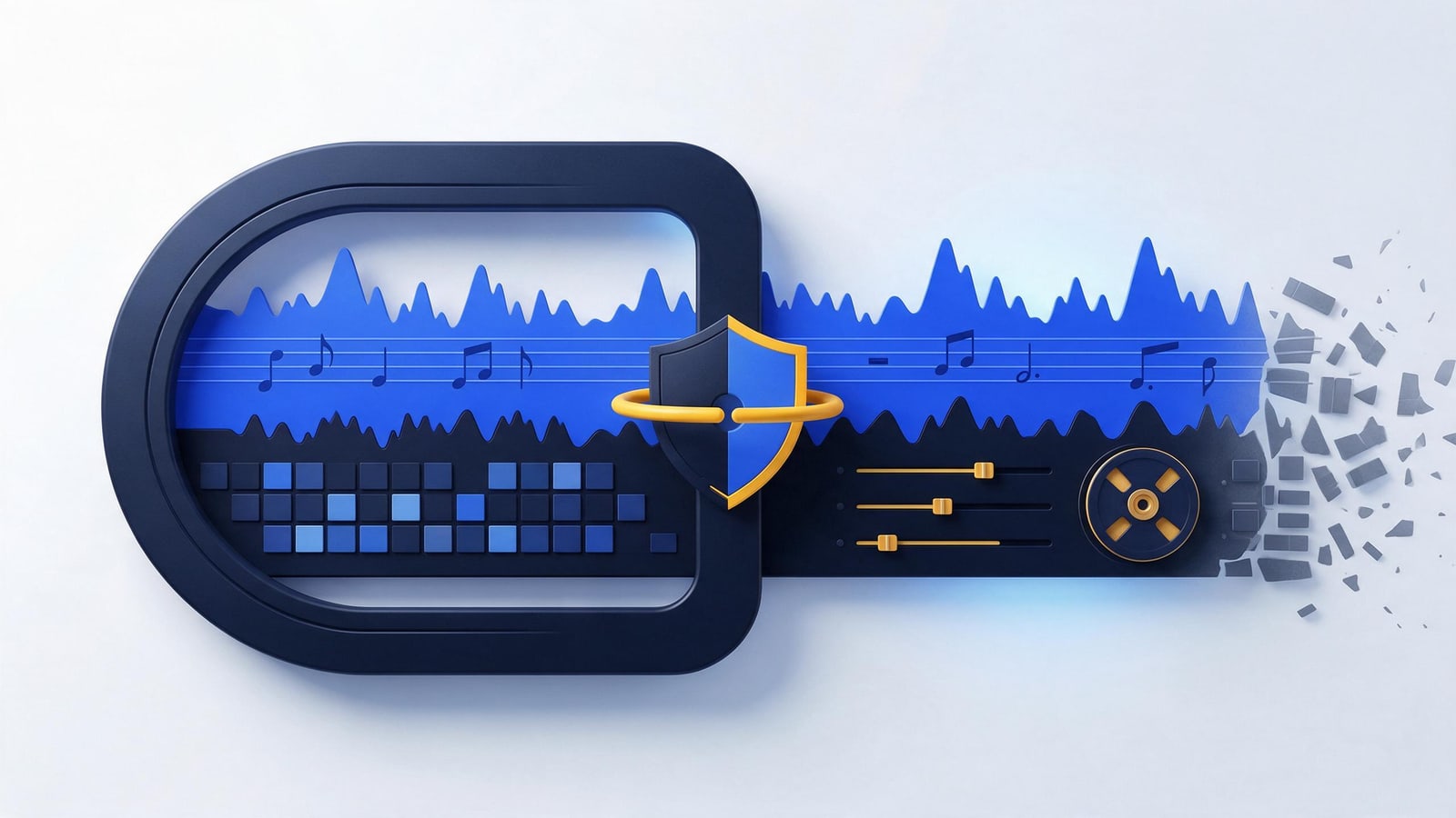 Protective bracket wrapping notation and studio bands together, responding to stolen music