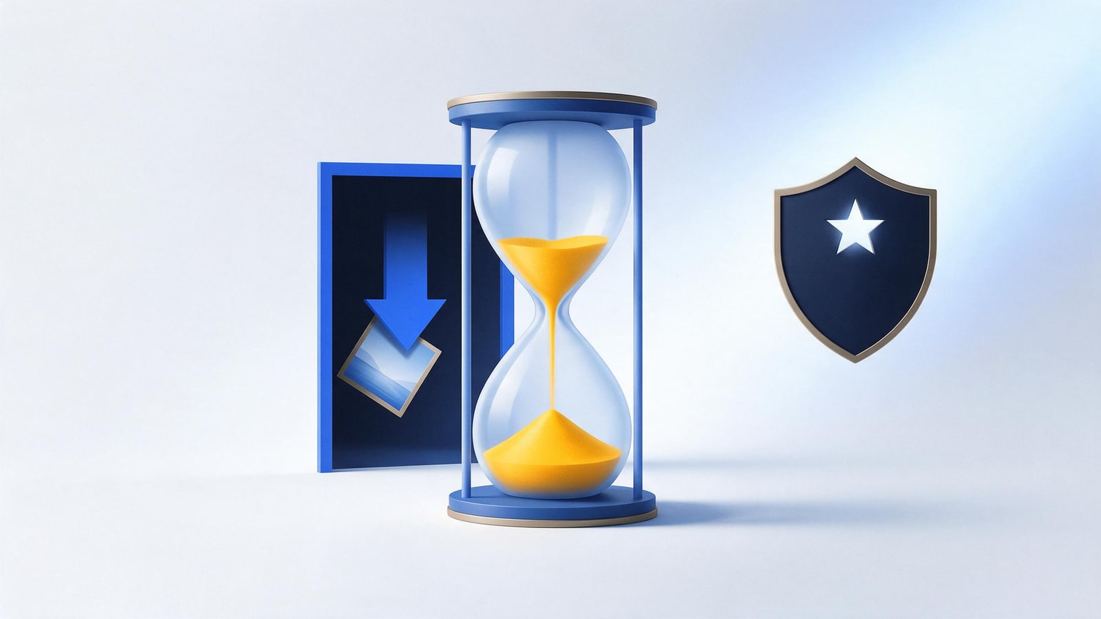 Hourglass beside a photo tile being pulled from a platform doorway, the Take It Down Act's 48-hour rule