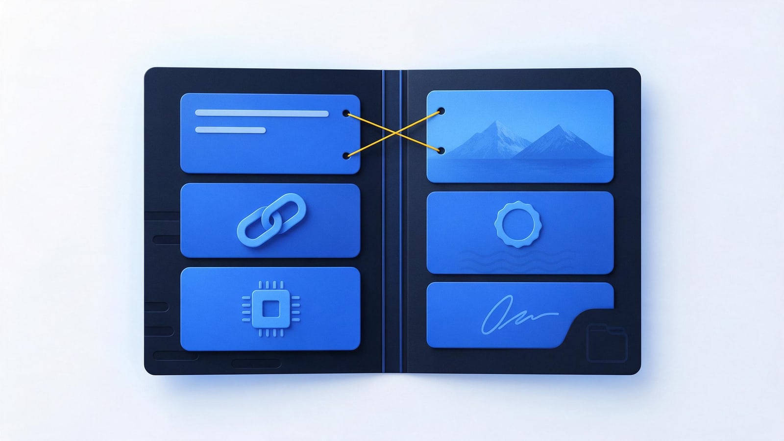 Open folder of screenshot, link, and certificate cards stitched by a gold thread, the takedown evidence pack