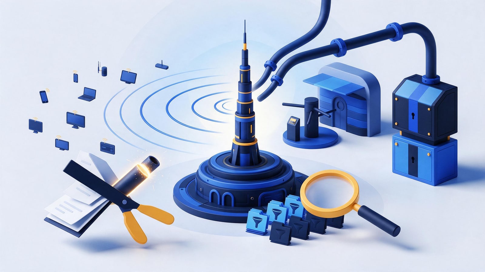 Notice-blade scissors cutting supply pipes to a broadcast tower, Telegram copyright removal