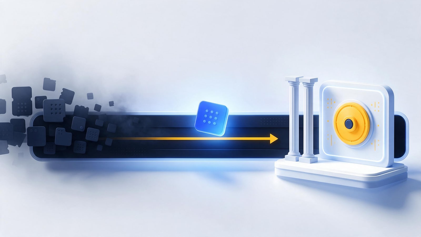 Lookalike domain chips funneled toward a vault panel, UDRP trademark dispute resolution