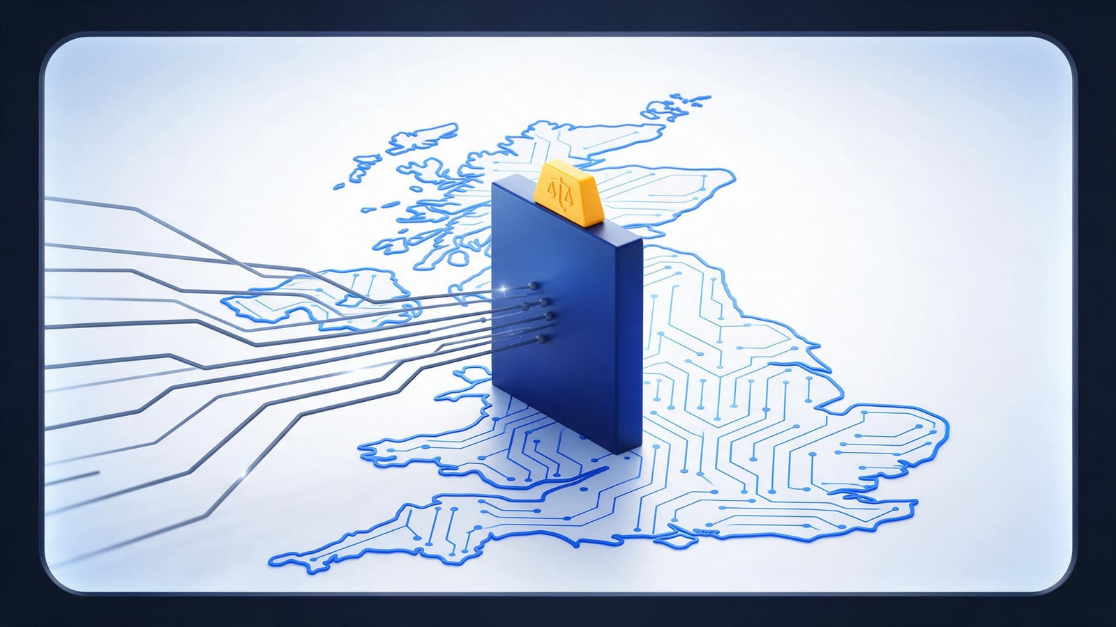 Circuit-trace map of the British Isles behind a tall blocking wall, UK copyright takedown routes
