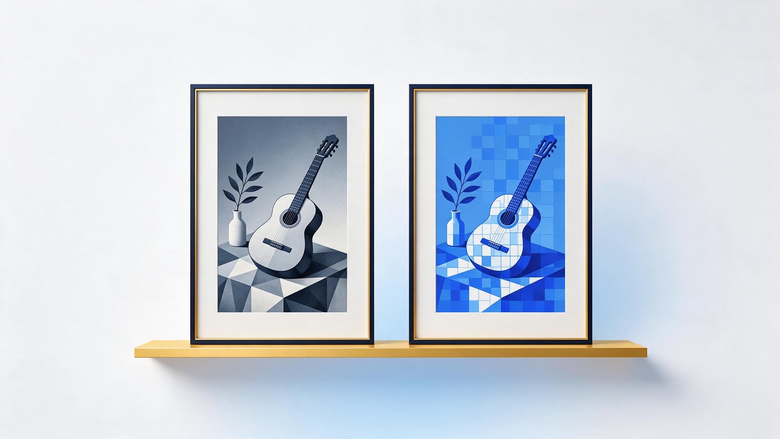 Two gallery frames holding a grayscale original and a pop-art grid copy, the Warhol v. Goldsmith fair use ruling