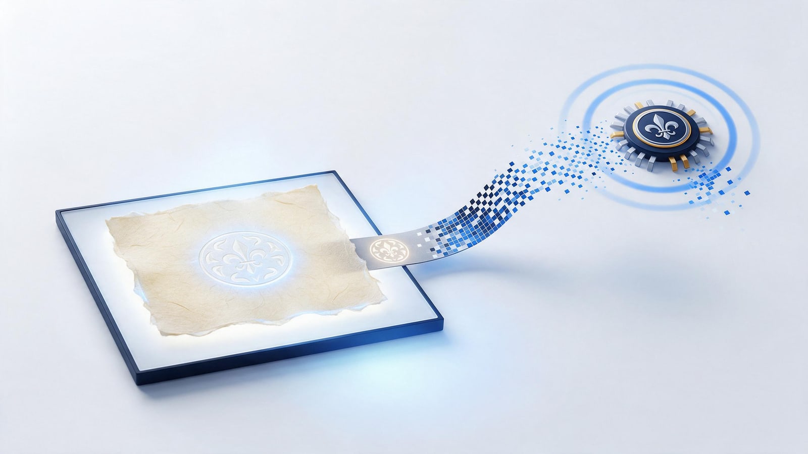 Wire watermark emblem flowing from paper sheet to pixel lattice, the history of watermarking