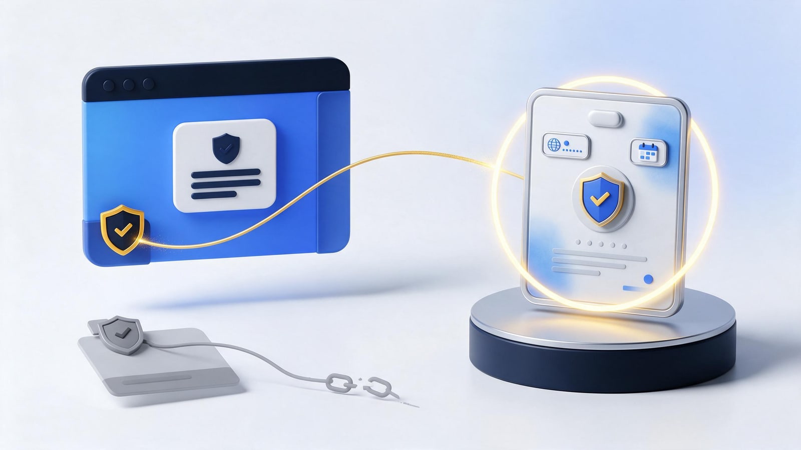 Badge link running from a site window to a verified certificate card, DMCA protection certificates