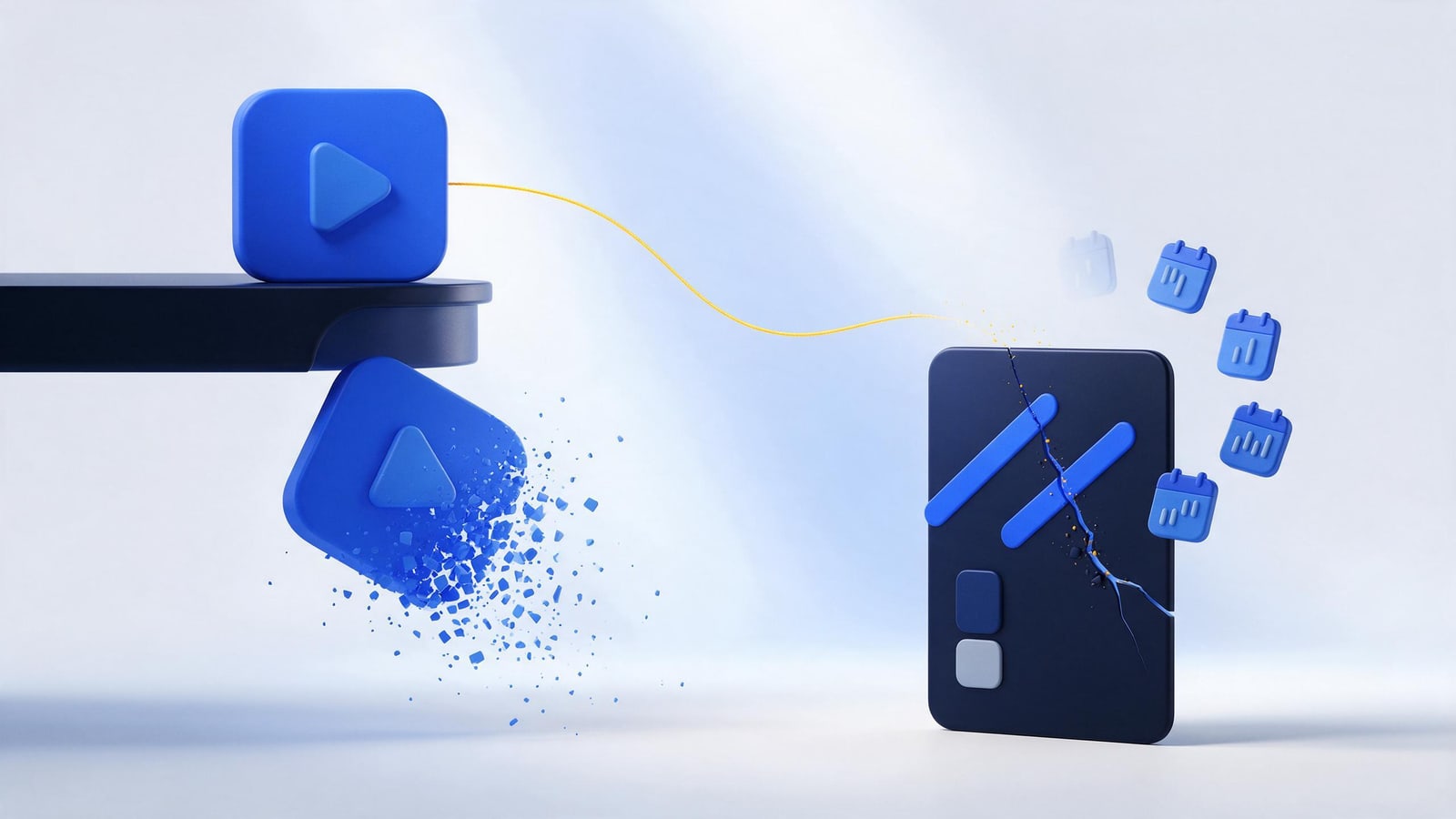 Falling video tile tied by a gold thread to a tallying account card, how DMCA strikes work