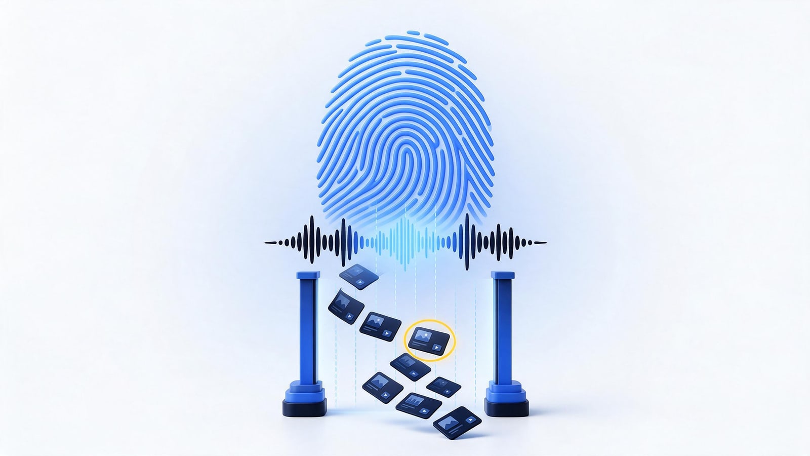 Fingerprint morphing into an audio waveform above a stream of scanned video cards, YouTube Content ID matching
