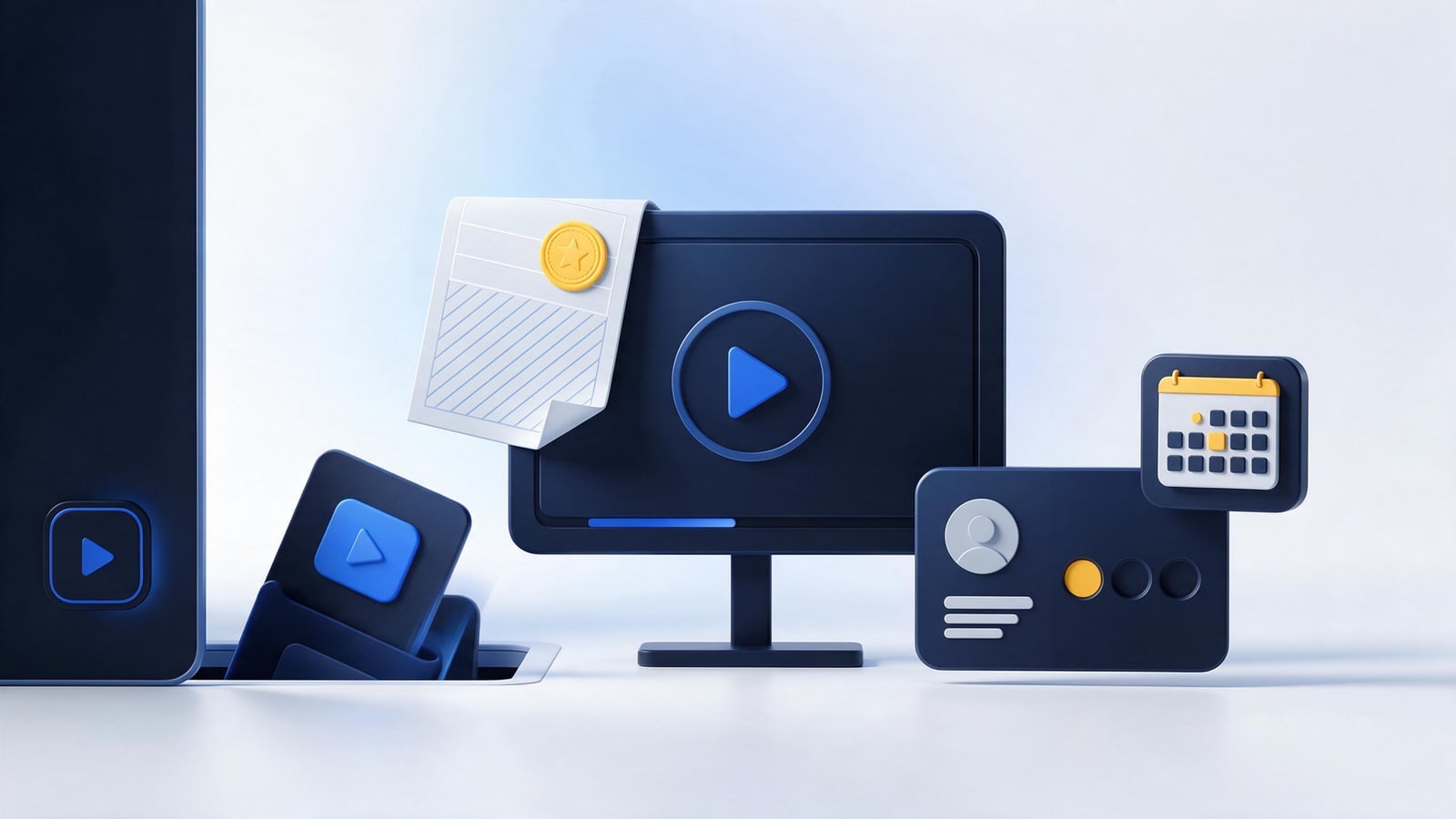 Removal request striking a video player as one tile falls, how YouTube DMCA takedowns work
